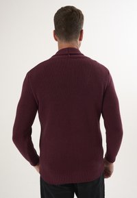 Burgundi värvi kootud sviiter ribatekstuuriga, pikkade varrukatega ja volditud kraega. Omab saledat siluetti ja tagasihoidlikke õmbluse detaile.