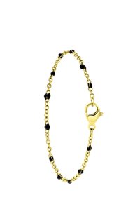 Gouden kettingarmband met zwarte kraalaccenten en een kreeftsluiting, gekenmerkt door een gelinkt ontwerp en een gladde textuur.