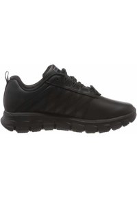 Chaussure de sport noire avec une tige en cuir lisse, un panneau en tissu texturé, un col rembourré et une semelle en caoutchouc segmentée pour plus de flexibilité.