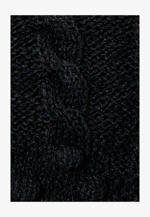 Zwart gebreid canvas met een gestructureerd patroon met verhoogde steken en een zachte, fuzzy gevoel. De algehele kleur is diep zwart.