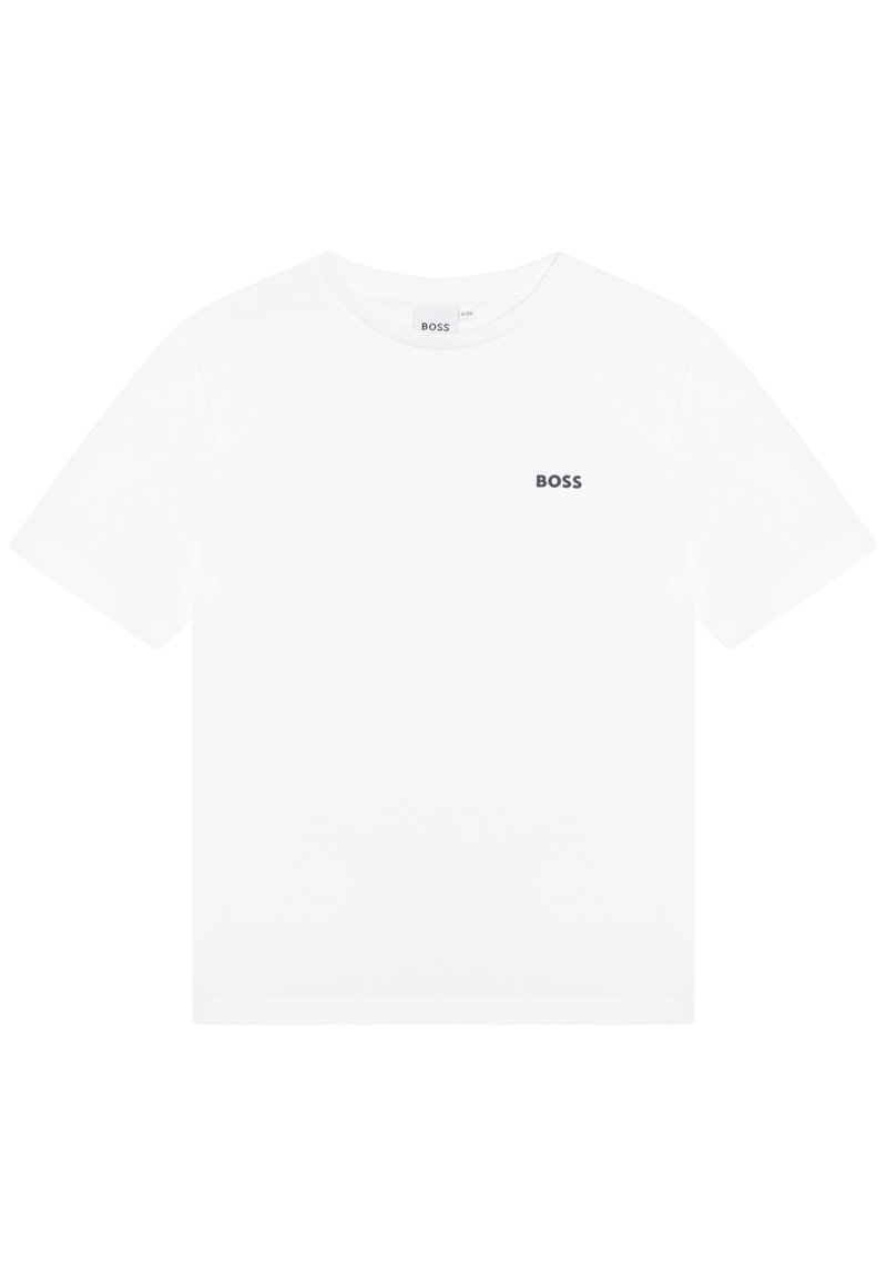 Vit t-shirt med korta ärmar i bomull, med en liten svart "BOSS"-logga på bröstet. Klassisk rund halsringning. Mjuk textur.