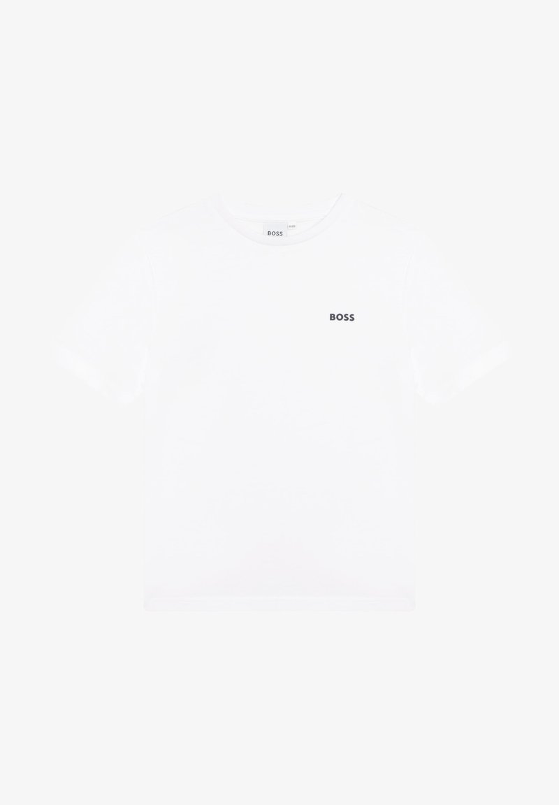 Bílé tričko s krátkým rukávem vyrobené z bavlny, s malým černým logem "BOSS" na hrudi. Klasický kulatý výstřih. Hladká textura.