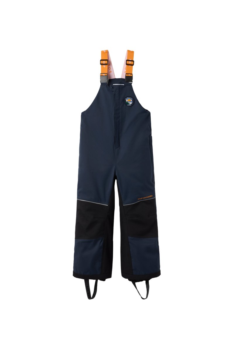 Kinderen navyblauwe waterdichte sneeuw-bib overalls met oranje verstelbare banden en verstevigde zwarte kniekussens.