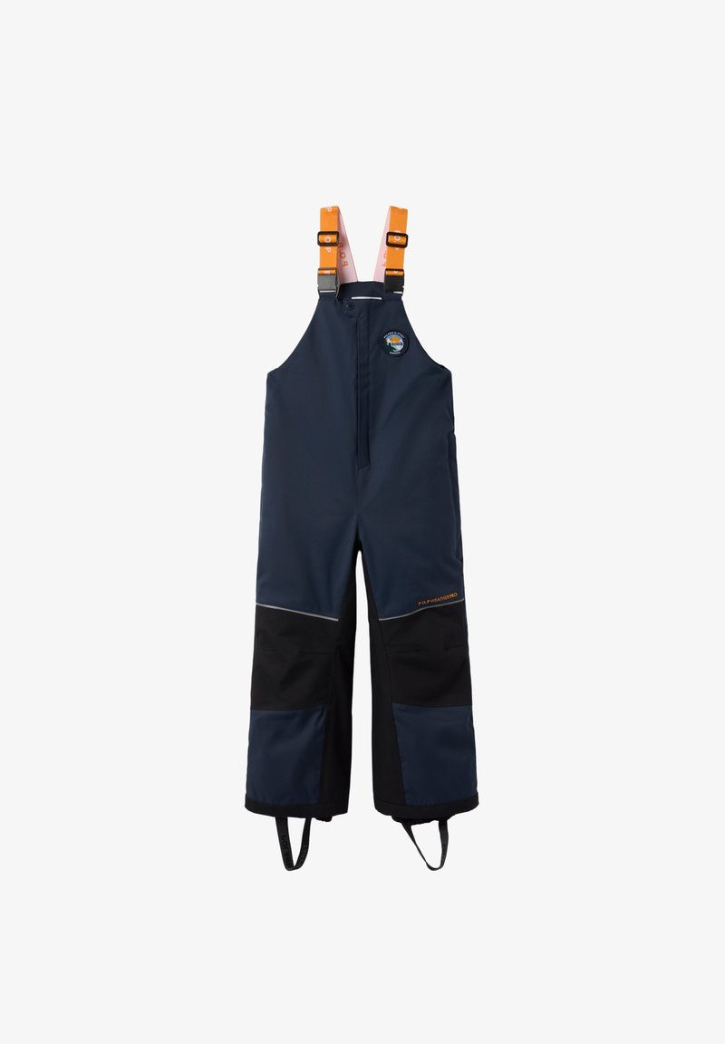 Kinderen navyblauwe waterdichte sneeuw-bib overalls met oranje verstelbare banden en verstevigde zwarte kniekussens.