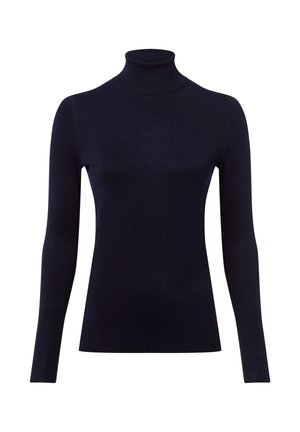 Granatowy sweter z golfem wykonany z prążkowanego materiału. Charakteryzuje się długimi rękawami i dopasowanym krojem o gładkiej teksturze.