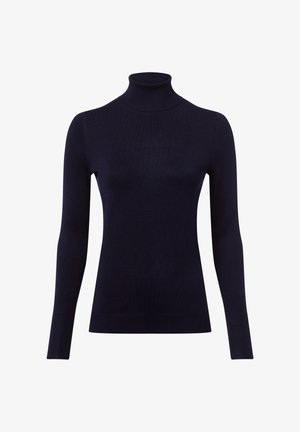 Marineblaue Rollkragenpulli aus geripptem Strickstoff. Mit langen Ärmeln und einer figurschmeichelnden Silhouette sowie einer glatten Textur.