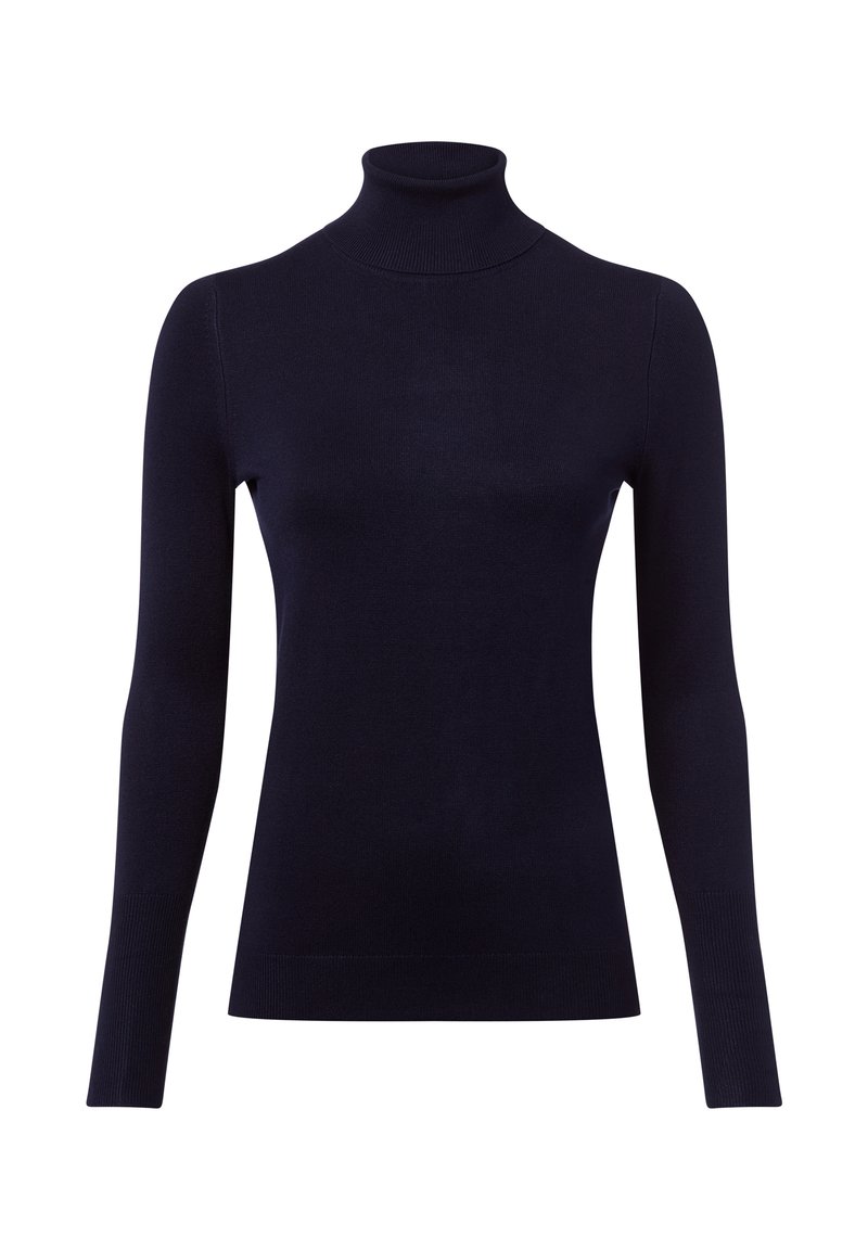 Marineblaue Rollkragenpulli aus geripptem Strickstoff. Mit langen Ärmeln und einer figurschmeichelnden Silhouette sowie einer glatten Textur.