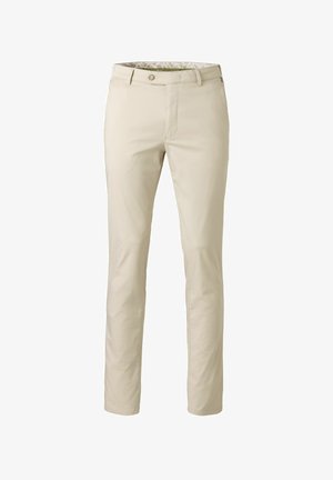 Pantalon beige pour homme, coupe slim, avec fermeture à boutons, passants pour ceinture et devant uni, présenté sur un fond blanc.