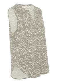 Blouse sans manches avec motif abstrait carré gris et blanc, col arrondi et coupe ample.