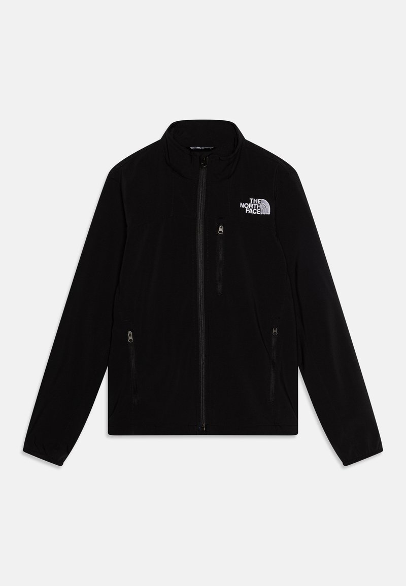 Casaco de lã preto com gola alta, duas bolsos laterais com fecho éclair e um logo branco no peito esquerdo. Textura suave e design casual.