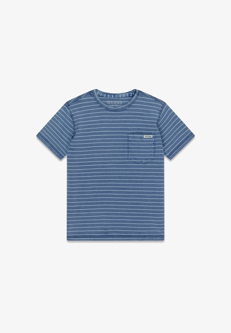 Zila svītraina T-krekls ar īsām piedurknēm un apaļu apkakli. Ar krūšu kabatu, kurā ir mazs marķējums. Mīksta kokvilnas audums, ikdienišķs dizains.