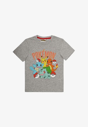 Grey cotton t-shirt featuring illustrated Pokémon characters: Bulbasaur, Squirtle, Charmander, and Pikachu, with colorful text and design.