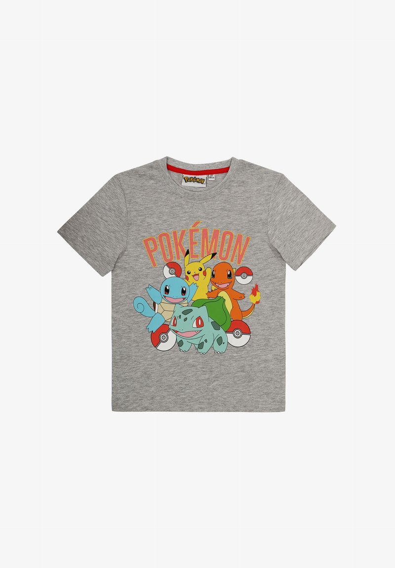Graues Baumwoll-T-Shirt mit illustrierten Pokémon-Charakteren: Bisasam, Schiggy, Glumanda und Pikachu, mit buntem Text und Design.