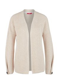 Cardigan beige ouvert devant, en maille, avec manches longues et détails de boutons près des poignets, présenté sur fond blanc.