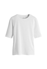 Wit T-shirt van zacht katoen, met korte mouwen en een ronde hals. Eenvoudig ontwerp, zonder patronen of accenten.