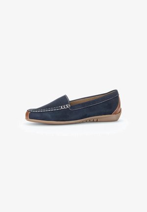 Navyblaue Wildlederschuhe im Loafer-Stil mit kontrastierenden braunen Absatzakzenten. Verfügt über eine gestickte Detailverarbeitung und eine flexible Gummisohle für Komfort.
