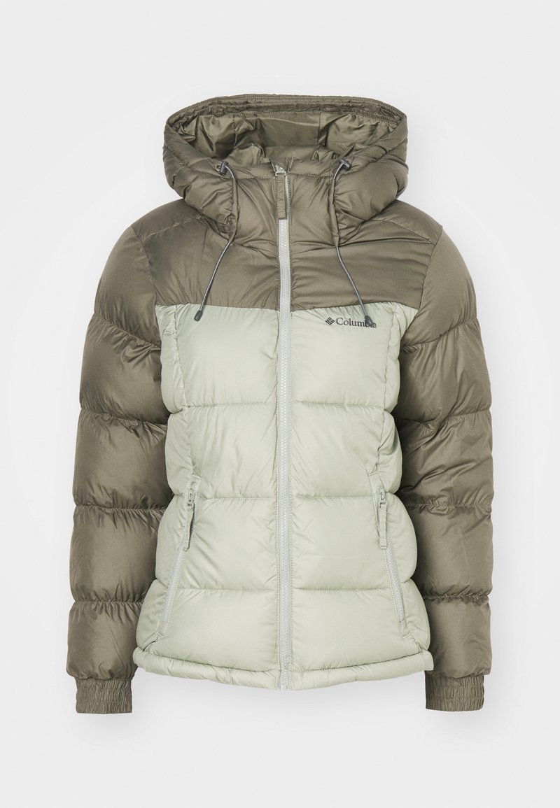 Gepolsterte Jacke mit Kapuze, ausgestattet mit einem zweifarbigen Design; oberer Abschnitt in dunkeloliv, unterer in hellgrün, mit elastischen Bündchen und Reißverschlusstaschen.