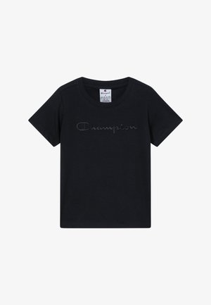 Czarny t-shirt z krótkim rękawem, okrągłym dekoltem i wytłoczonym logo Champion na środku klatki piersiowej, rozmiar S.