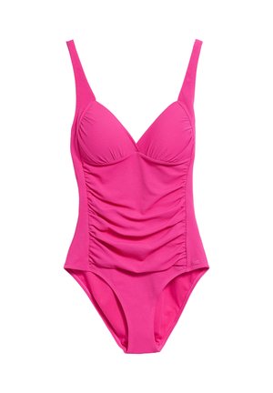 Fuksjowy jednoczęściowy kostium kąpielowy z teksturowanej tkaniny, z wyprofilowanymi miseczkami i marszczeniami po bokach. Posiada regulowane ramiączka oraz wysoki krój nogawki.
