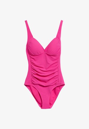 Fuksjowy jednoczęściowy kostium kąpielowy z teksturowanej tkaniny, z wyprofilowanymi miseczkami i marszczeniami po bokach. Posiada regulowane ramiączka oraz wysoki krój nogawki.