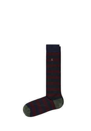 Calcetines de rayas hasta la rodilla en verde oscuro, burdeos y marino. Presentan una textura acanalada y un pequeño logo en el puño.