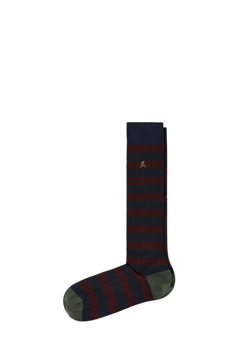Calze a strisce al ginocchio in verde scuro, bordeaux e blu navy. Presentano una texture a coste e un piccolo logo sul risvolto.