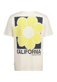 Cream cotton t-shirt featuring a large yellow flower graphic centered within a black square. Text below reads "CALIFORNIA PEACE OF MIND."