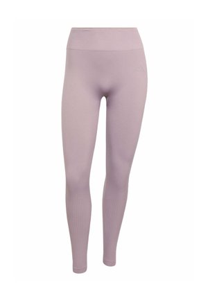 Fialkové legíny s vysokým rebrovaným pasem, hladkým povrchem a přiléhavým střihem. Jemný detail s logem blízko pasu.