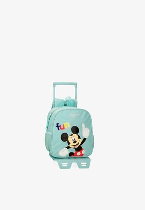 Mochila trolley para niños de color azul claro con Mickey Mouse sonriente, texto "diversión" y asa extensible para fácil transporte.
