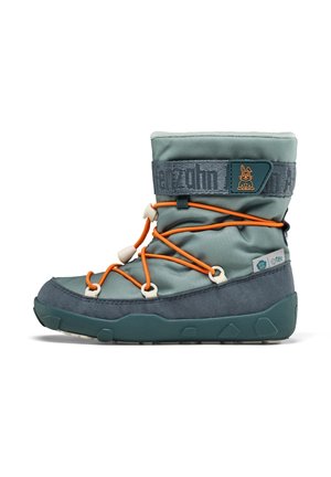 Botte d'hiver enfant couleur turquoise avec lacets élastiques orange, garniture en daim gris, semelle en caoutchouc et bride velcro réglable avec logo animalier.