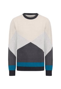 Maglione lavorato a maglia con colletto rotondo, blocchi di colore geometrici in crema, grigio e teal. Texture morbida e polsini a coste sull'orlo.