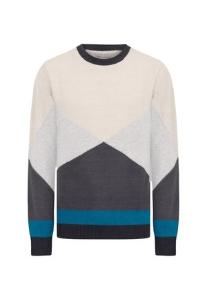 Jersey de punto con cuello redondo, bloques de color geométricos en crema, gris y verde azulado. Textura suave y puños acanalados en el dobladillo.