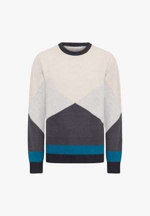 Strickpullover mit Rundkragen, geometrischen Farbblöcken in Creme, Grau und Petrol. Weiche Textur und gerippte Bündchen am Saum.