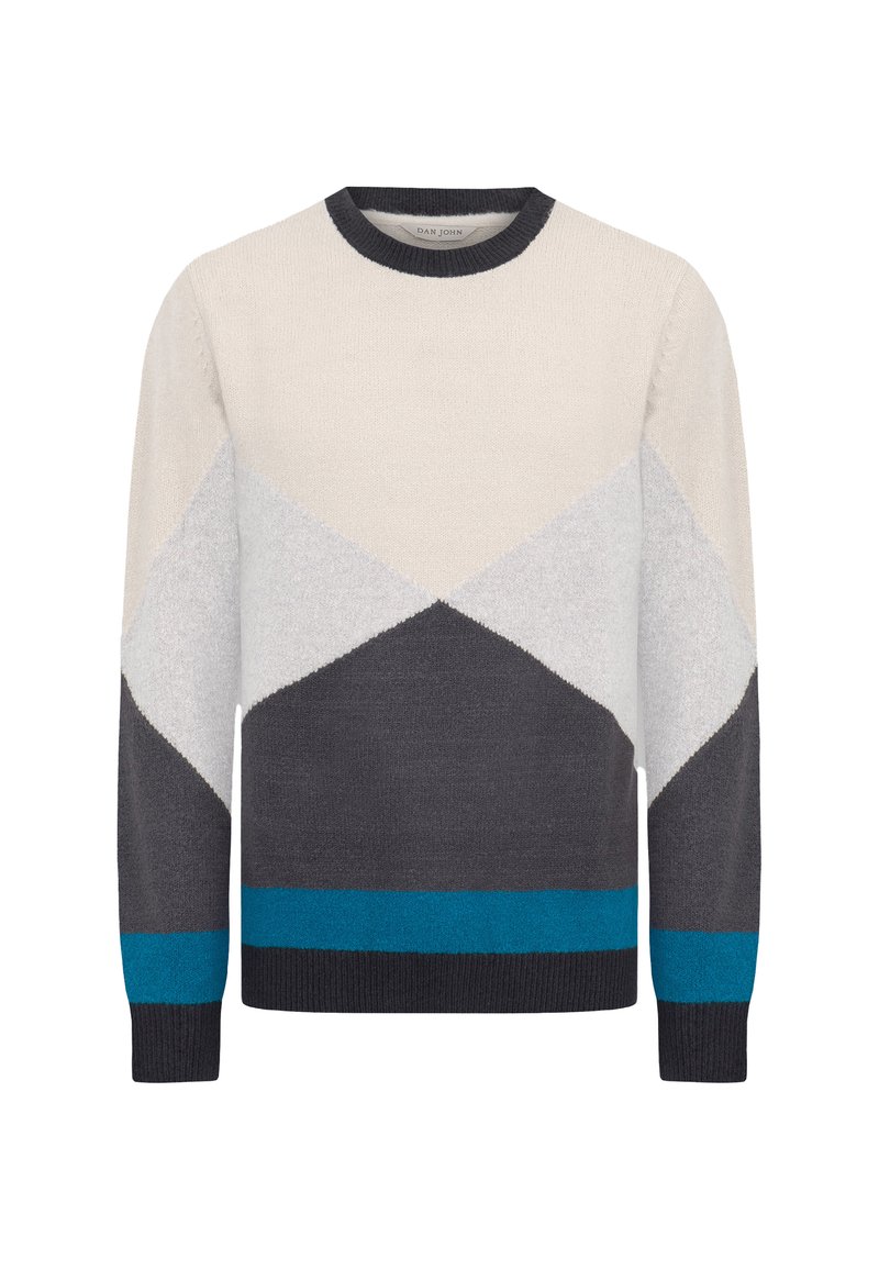 Maglione lavorato a maglia con colletto rotondo, blocchi di colore geometrici in crema, grigio e teal. Texture morbida e polsini a coste sull'orlo.