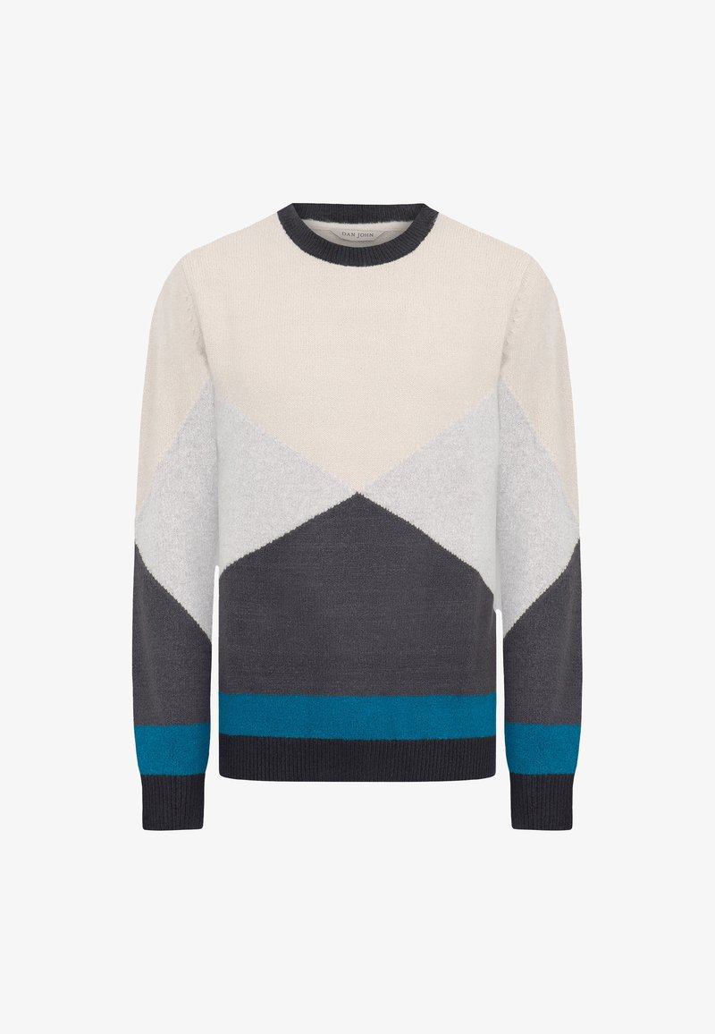 Pulover tricotat cu guler rotund, blocuri de culori geometrice în crem, gri și teal. Textură moale și manșete cu un model ribat la tiv.