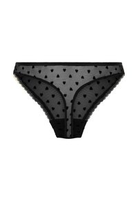 Zwarte netpanty met hartjespatronen, kanttrim en een effen zwarte tailleband. De doorschijnende textuur benadrukt het speelse ontwerp.
