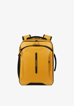 Zaino Samsonite giallo e nero con spallacci imbottiti, maniglia superiore, tasca frontale con cerniera e striscia verticale con il logo.