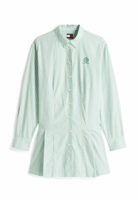 Grün-weiße gestreifte Button-up-hemde mit langen Ärmeln, einem spitzen Kragen und einem gestickten Logo auf der linken Brust. Einfaches Design.