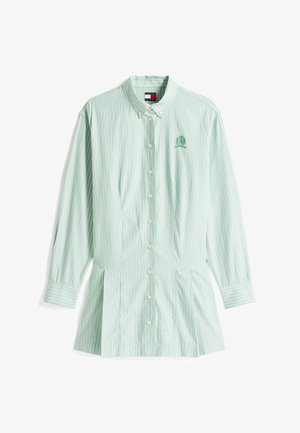 Camisa de botones a rayas verdes y blancas con mangas largas, cuello puntiagudo y un logo bordado en el lado izquierdo del pecho. Diseño sencillo.