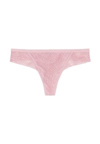Roze kantenslips met een ingewikkeld webachtig patroon en delicate randen, voorzien van een zachte tailleband en doorzichtige textuur.