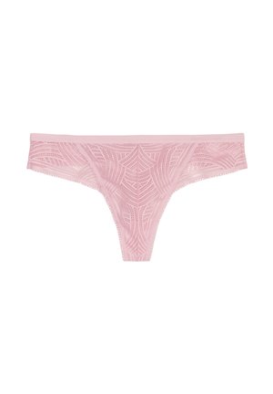 Roze kantenslips met een ingewikkeld webachtig patroon en delicate randen, voorzien van een zachte tailleband en doorzichtige textuur.