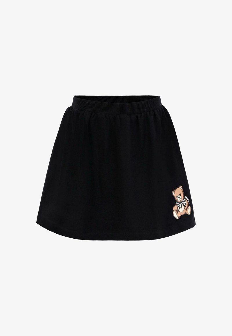 Gonna nera in cotone con cintura elastica, caratterizzata da un orsetto marrone ricamato sul davanti, posizionato nell'angolo in basso a destra.