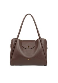 Borsa a mano in pelle marrone con due manici e forma arrotondata, caratterizzata da una chiusura con pattina e dettagli del logo dorato sul davanti.