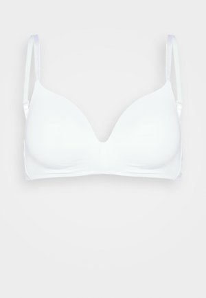 Reggiseno bianco imbottito con spalline regolabili, tessuto morbido e design senza cuciture, caratterizzato da un ampio elastico per sostegno e comfort.
