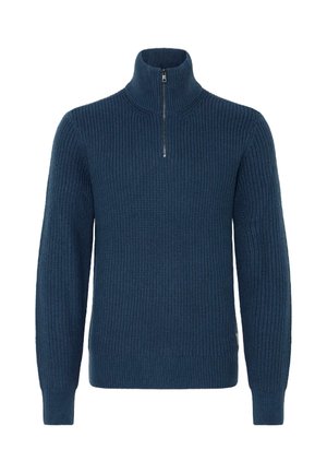 Mørkeblå strikket sweater med høj krave og halvlynlås. Har ribbet struktur og tætsiddende manchetter for en komfortabel pasform.