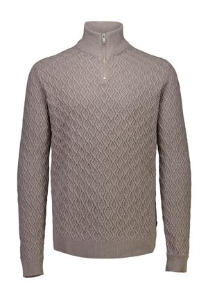 Beige gestrickter Pullover mit hohem Kragen, besteht aus einem strukturierten Rautenmuster, langen Ärmeln und Rippenbündchen und -saum. Mit Reißverschluss am Kragen.