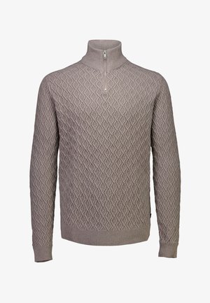 Beige strikket sweater med høj krave, har et struktureret diamantmønster, lange ærmer og ribbede manchetter og kant. Lynlås lukning ved nakken.