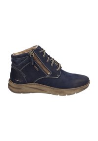 Bottines en cuir bleu marine avec une doublure en fausse fourrure, dotées d'une fermeture éclair latérale et de coutures contrastantes. Semelle en caoutchouc pour une bonne adhérence et flexibilité.