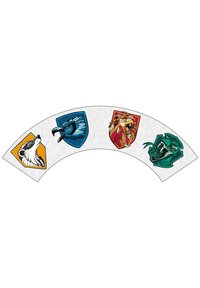 Quattro emblemi animali colorati su uno sfondo bianco a motivo geometrico; presenta un orso, un'aquila, un leone e un drago in scudi.
