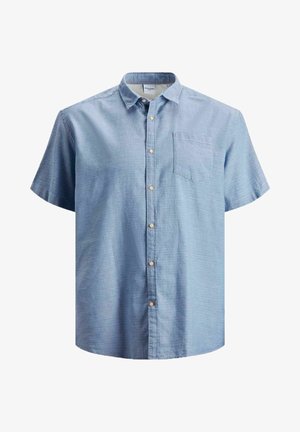 Jasnoniebieska koszula z krótkim rękawem zapinana na guziki, z kieszenią na piersi i subtelnym kratkowanym wzorem, kołnierzykiem i kremowymi guzikami.